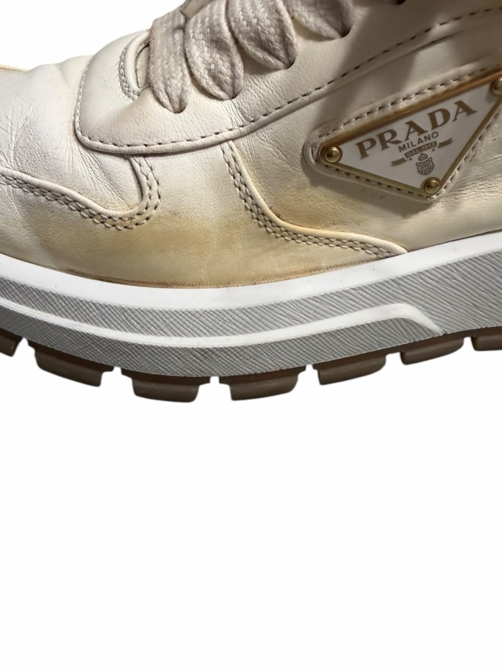 Prada Women’s Cream and Gold Leather Platform Sneakers - Picture 13 of 13